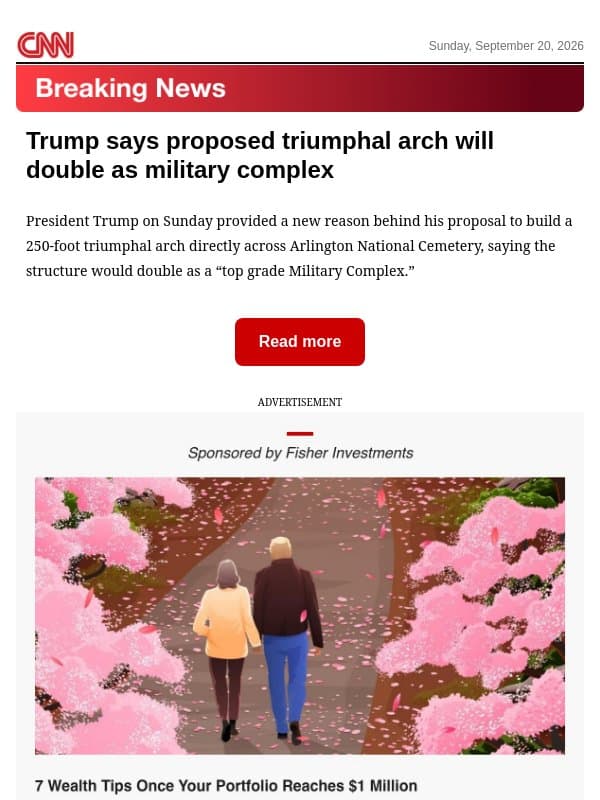 Trump says proposed triumphal arch will double as military complex email from CNN