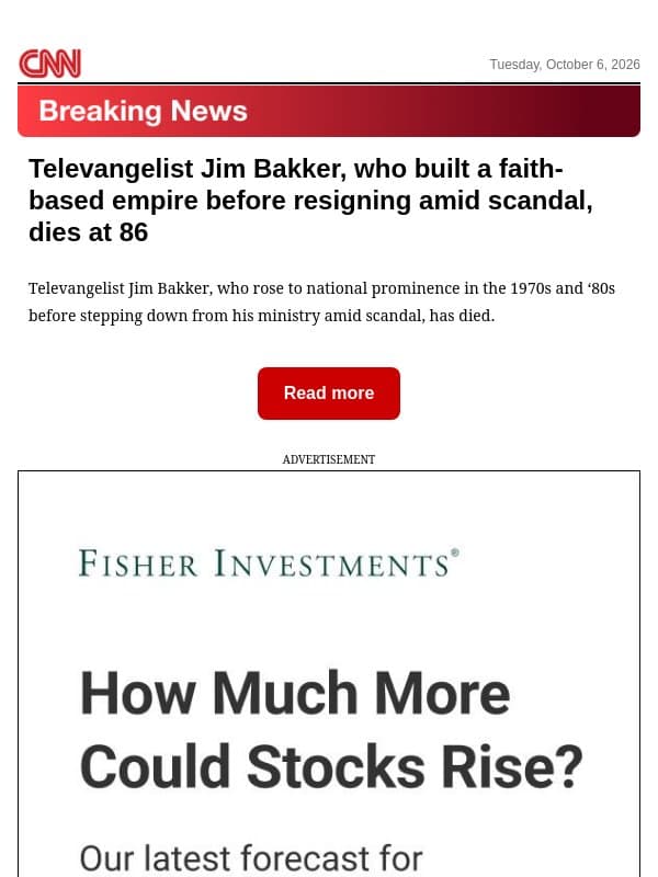 Televangelist Jim Bakker, who built a faith-based empire before resigning amid scandal, dies at 86 email from CNN