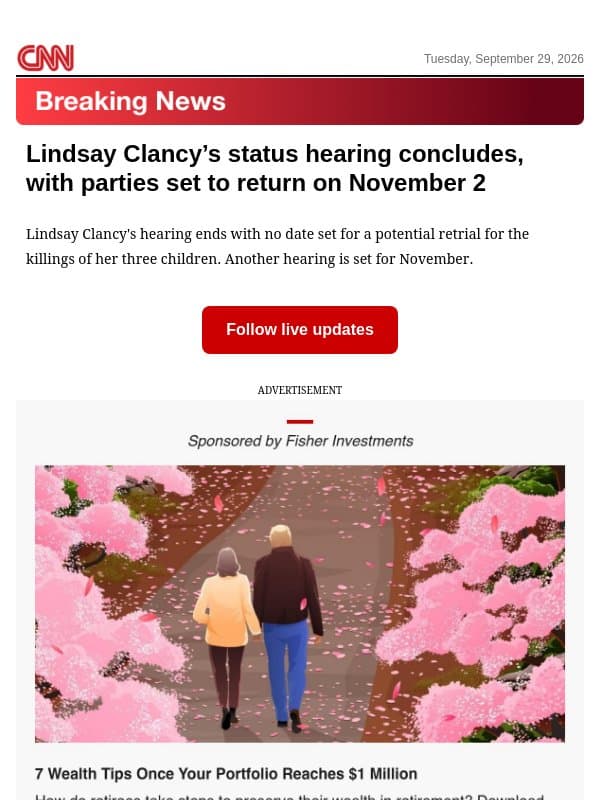 Lindsay Clancy’s status hearing concludes, with parties set to return on November 2 email from CNN