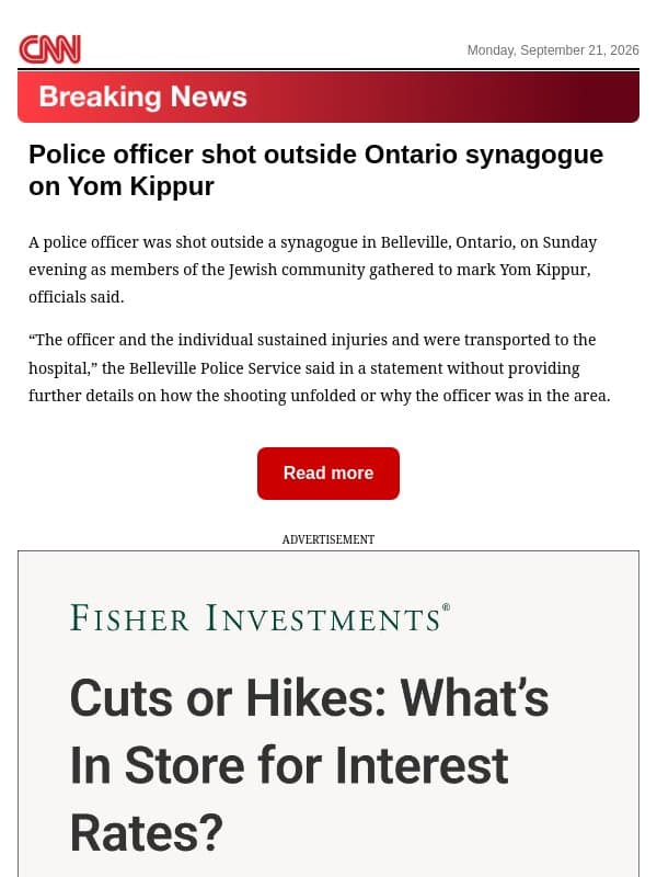 Police officer shot outside Ontario synagogue on Yom Kippur email from CNN