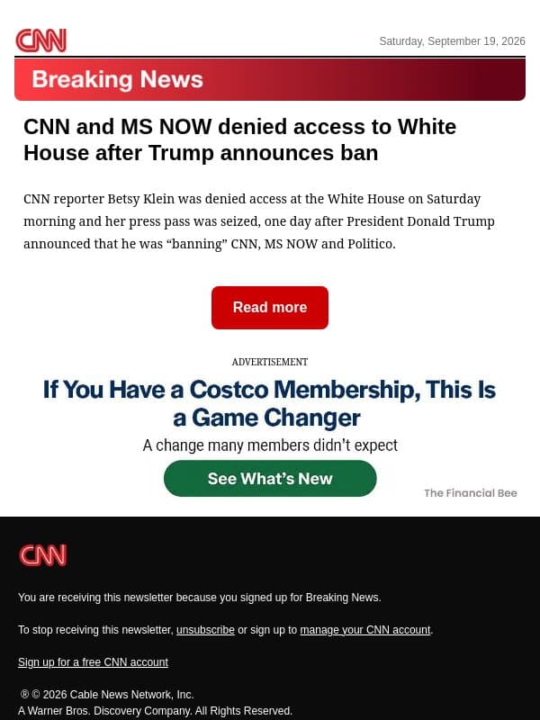 CNN and MS NOW denied access to White House after Trump announces ban email from CNN