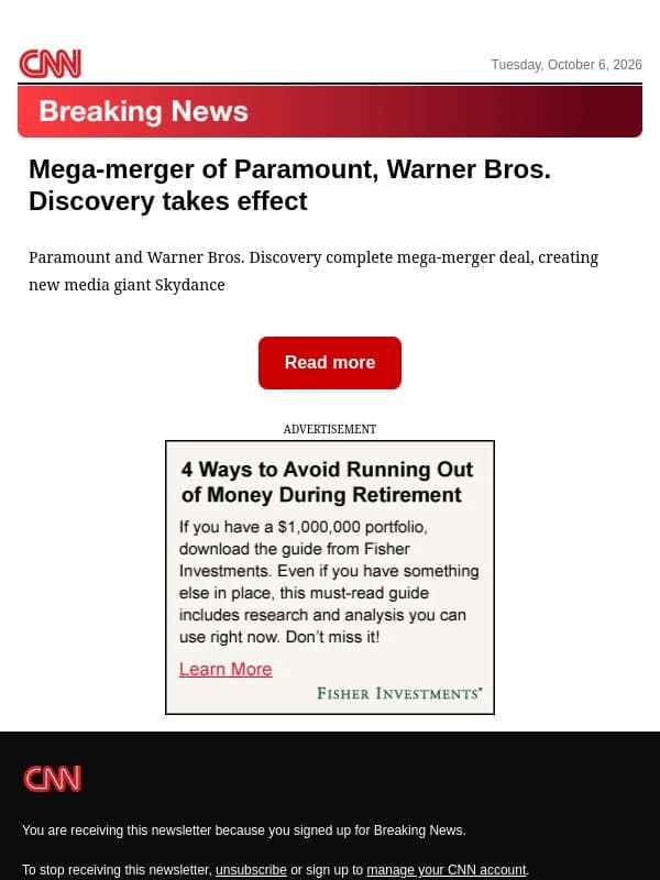 Mega-merger of Paramount, Warner Bros. Discovery takes effect email from CNN