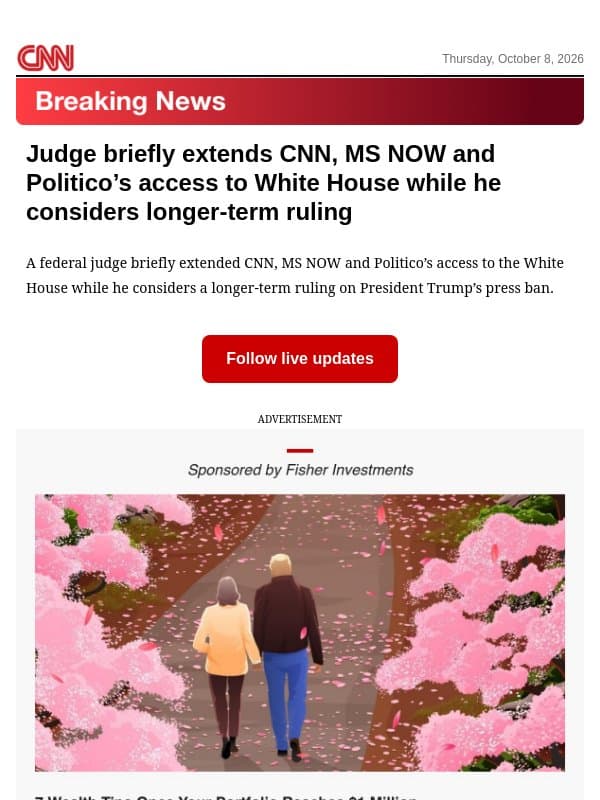 Judge briefly extends CNN, MS NOW and Politico’s access to White House while he considers longer-term ruling email from CNN
