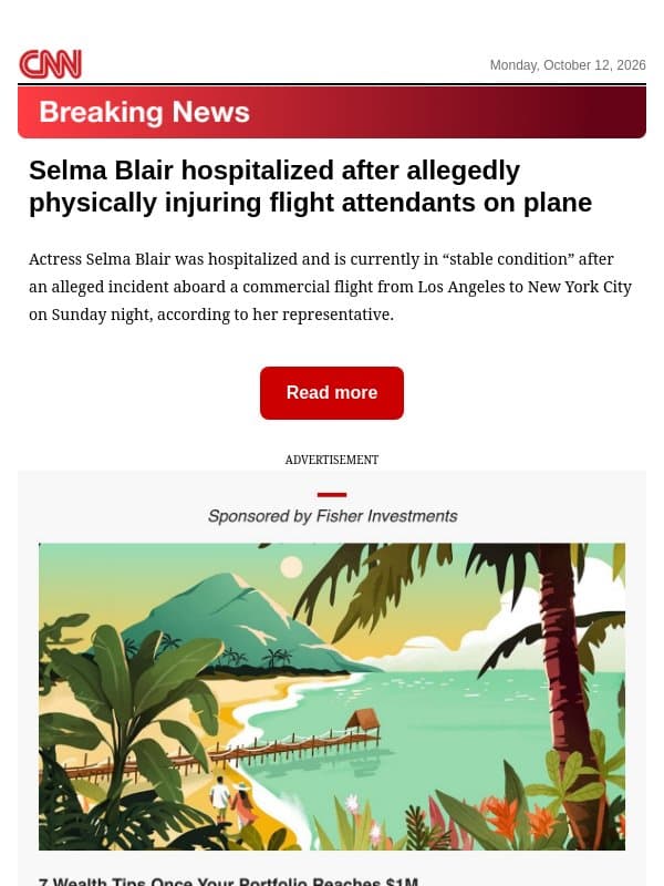 Selma Blair hospitalized after allegedly physically injuring flight attendants on plane email from CNN