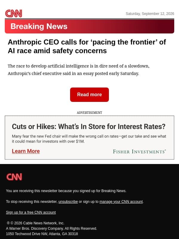 Anthropic CEO calls for ‘pacing the frontier’ of AI race amid safety concerns email from CNN