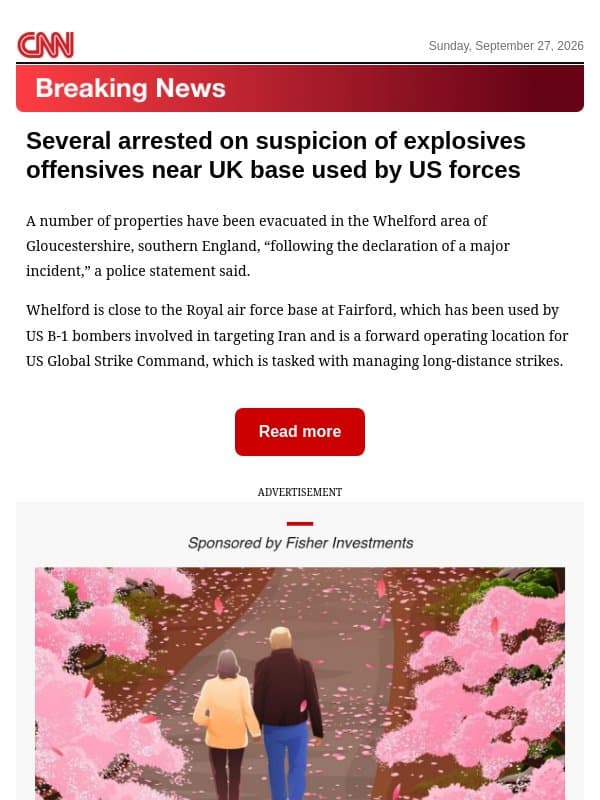 Several arrested on suspicion of explosives offensives near UK base used by US forces email from CNN