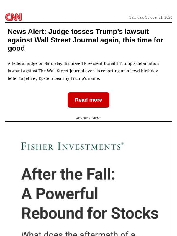 News Alert: Judge tosses Trump’s lawsuit against Wall Street Journal again, this time for good email from CNN