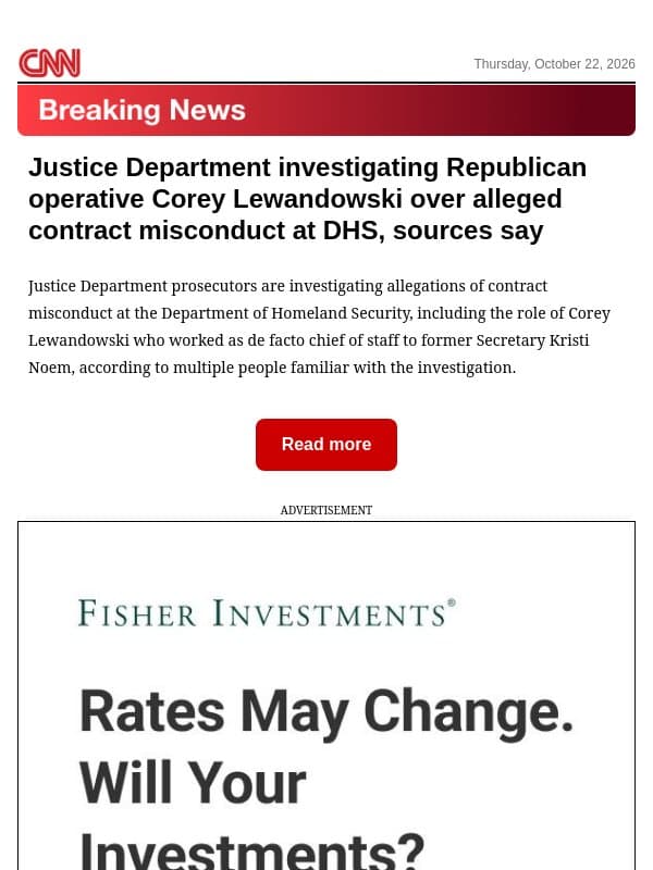 Justice Department investigating Republican operative Corey Lewandowski over alleged contract misconduct at DHS, sources say email from CNN