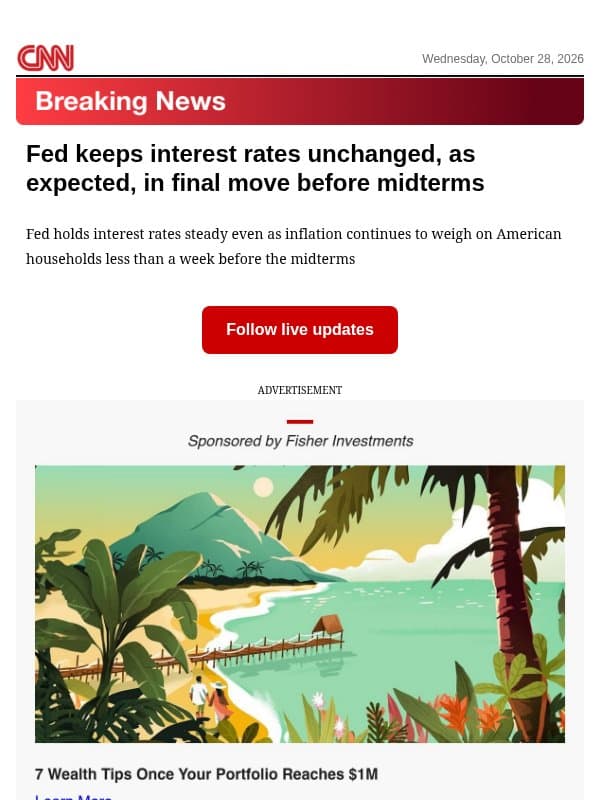 Fed keeps interest rates unchanged, as expected, in final move before midterms email from CNN