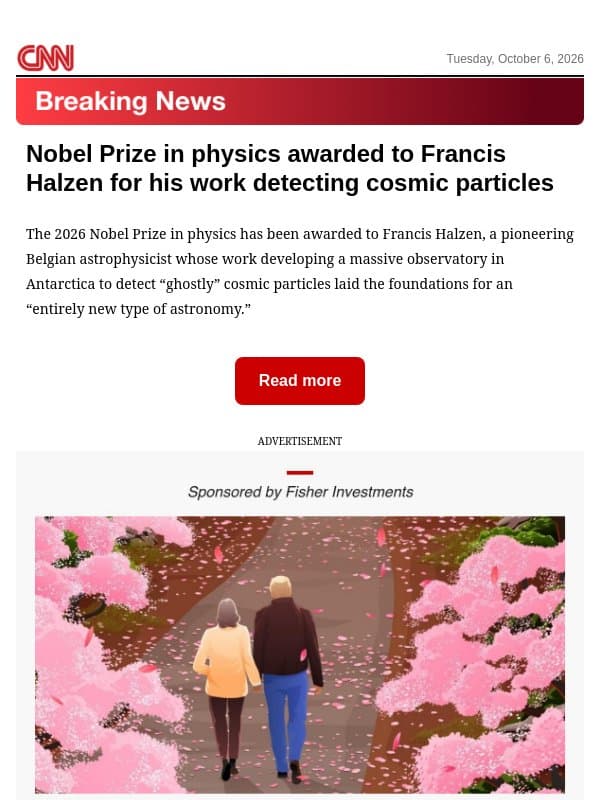 Nobel Prize in physics awarded to Francis Halzen for his work detecting cosmic particles email from CNN