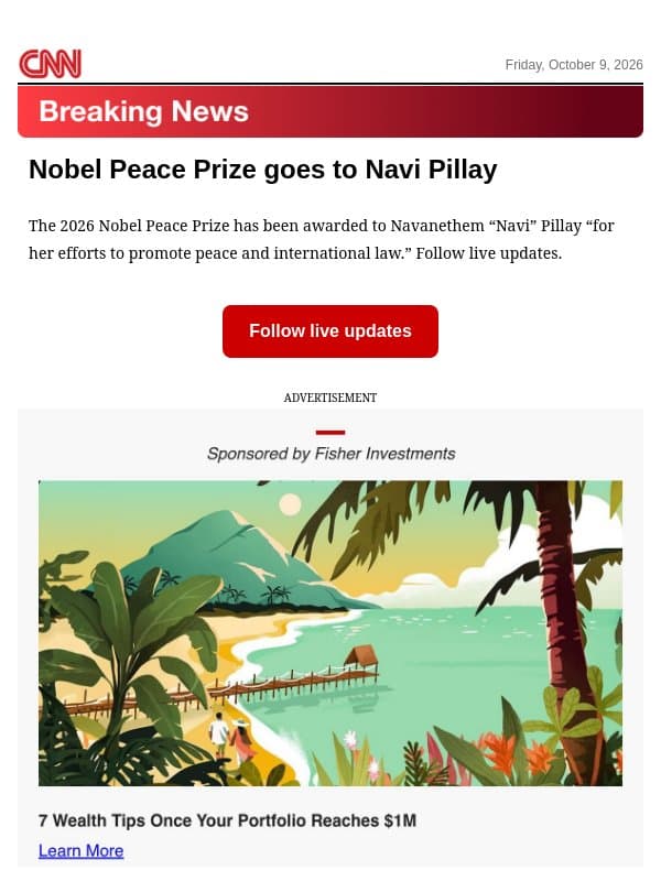 Nobel Peace Prize goes to Navi Pillay email from CNN