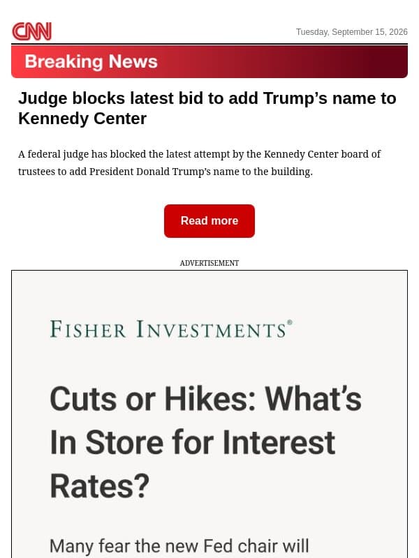 Judge blocks latest bid to add Trump’s name to Kennedy Center email from CNN