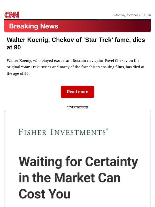 Walter Koenig, Chekov of ‘Star Trek’ fame, dies at 90 email from CNN
