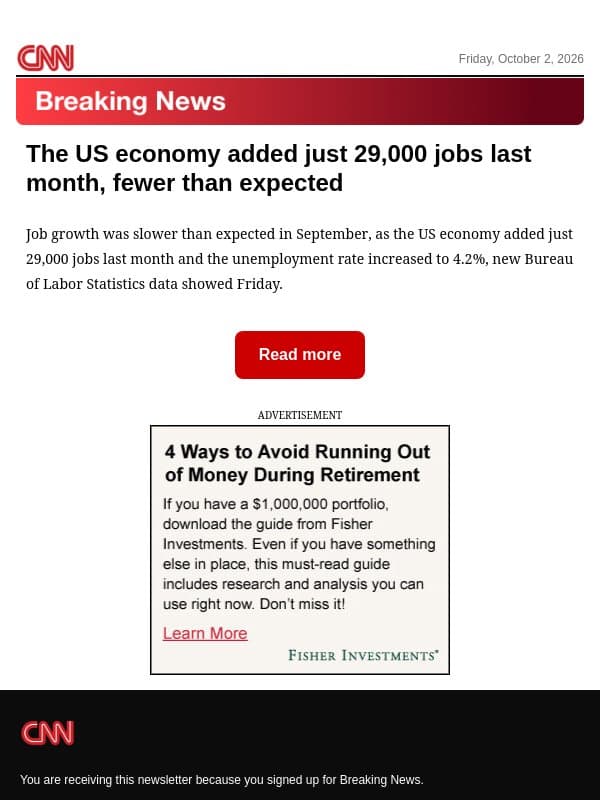 The US economy added just 29,000 jobs last month, fewer than expected email from CNN