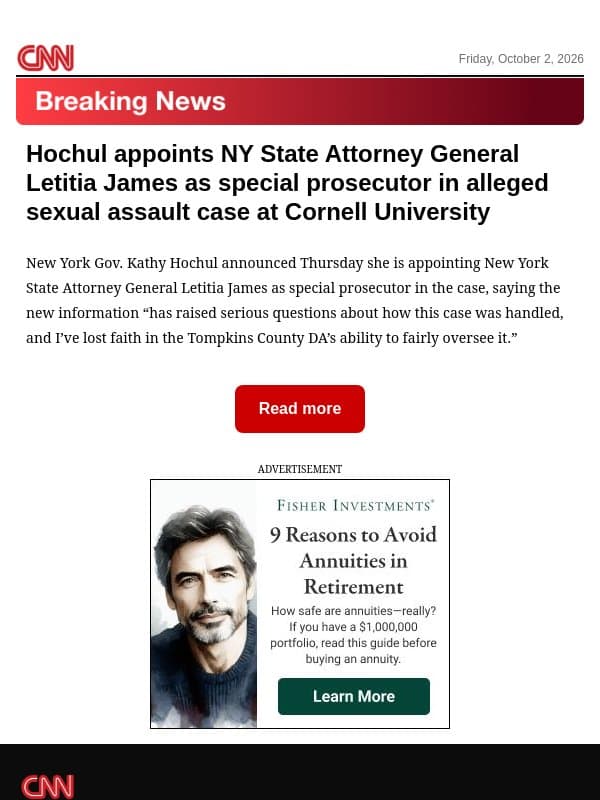 Hochul appoints NY State Attorney General Letitia James as special prosecutor in alleged sexual assault case at Cornell University email from CNN