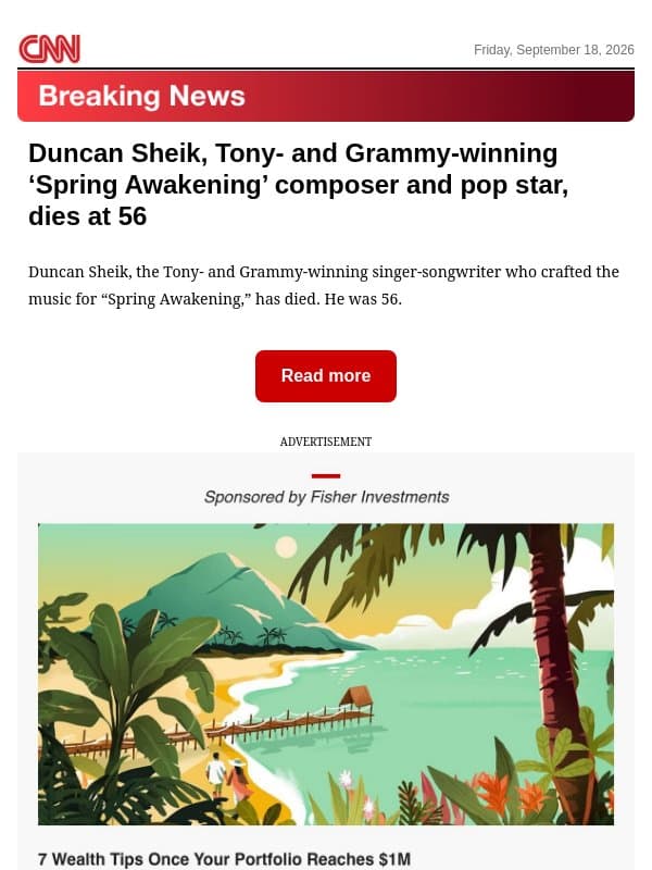 Duncan Sheik, Tony- and Grammy-winning ‘Spring Awakening’ composer and pop star, dies at 56 email from CNN