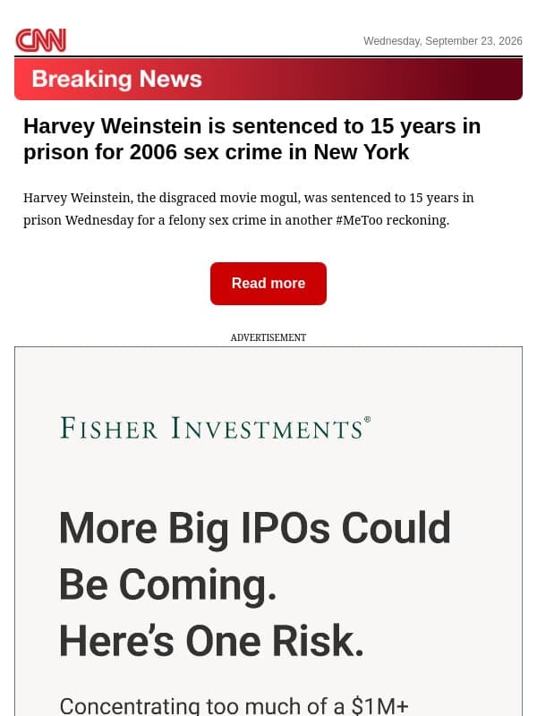 Harvey Weinstein is sentenced to 15 years in prison for 2006 sex crime in New York email from CNN