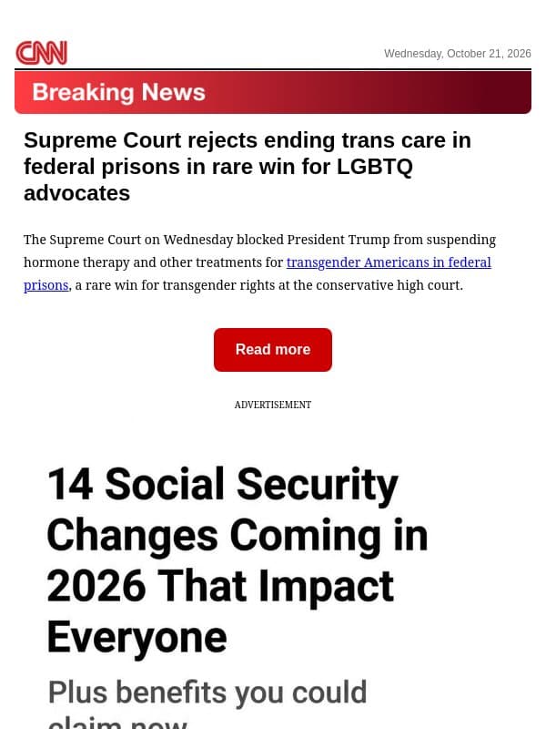 Supreme Court rejects ending trans care in federal prisons in rare win for LGBTQ advocates email from CNN