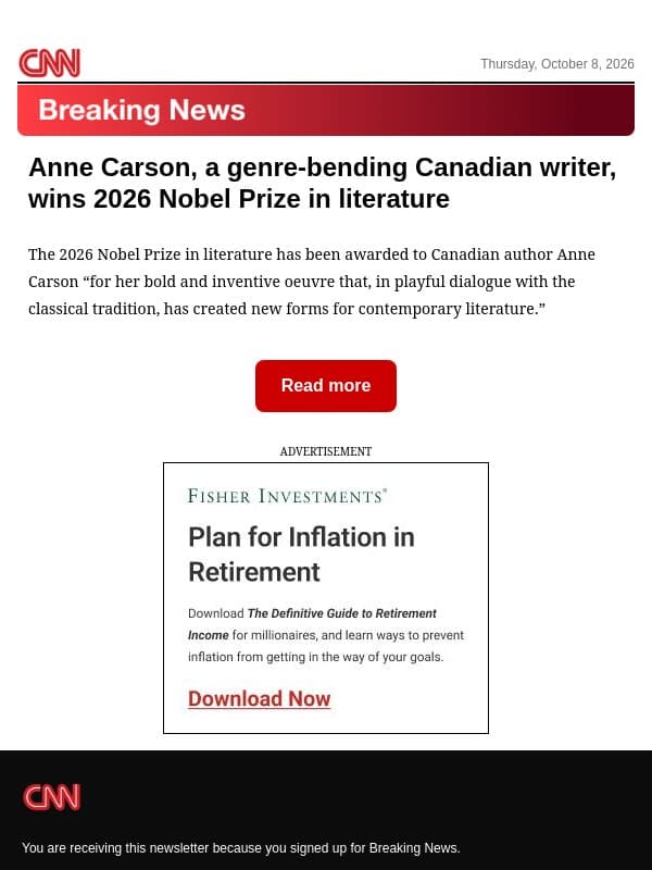 Anne Carson, a genre-bending Canadian writer, wins 2026 Nobel Prize in literature email from CNN