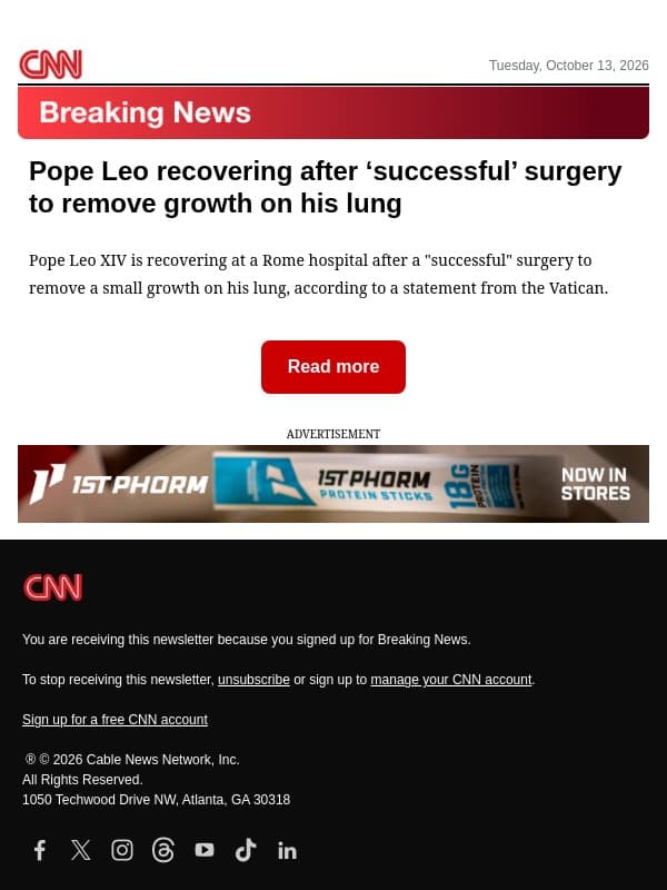 Pope Leo recovering after ‘successful’ surgery to remove growth on his lung email from CNN
