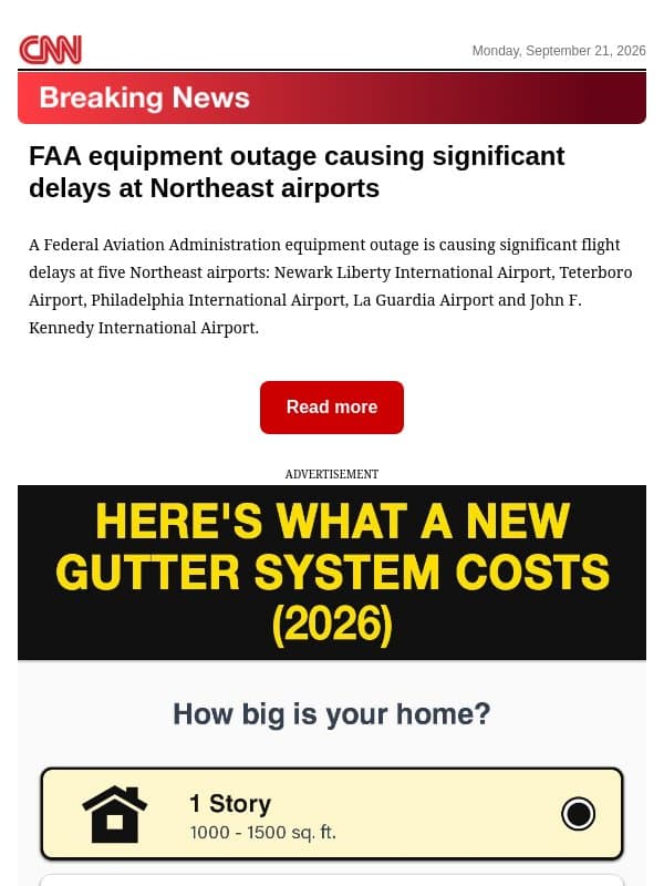 FAA equipment outage causing significant delays at Northeast airports email from CNN