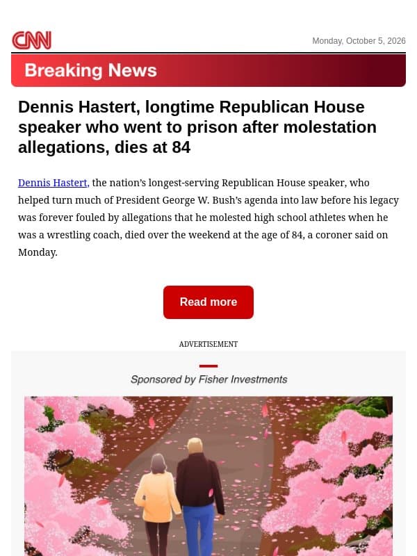 Dennis Hastert, longtime Republican House speaker who went to prison after molestation allegations, dies at 84 email from CNN