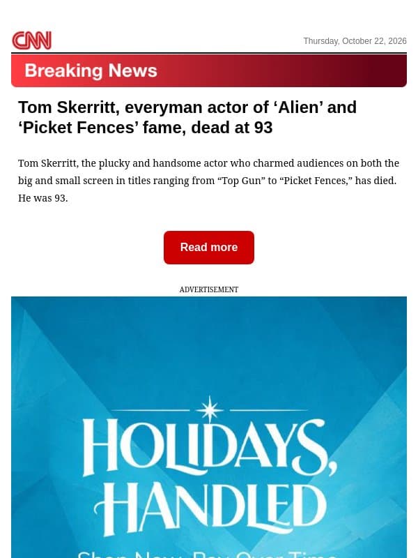 Tom Skerritt, everyman actor of ‘Alien’ and ‘Picket Fences’ fame, dead at 93 email from CNN