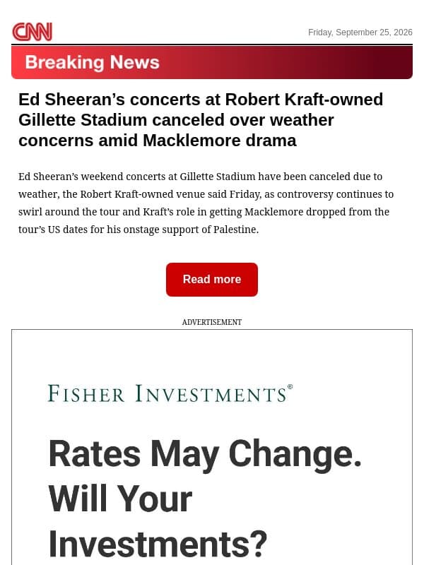 Ed Sheeran’s concerts at Robert Kraft-owned Gillette Stadium canceled over weather concerns amid Macklemore drama email from CNN