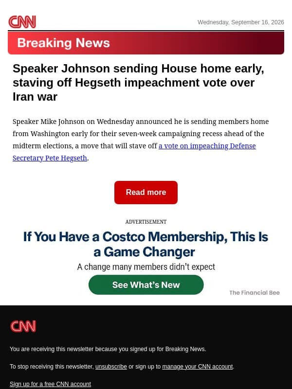 Speaker Johnson sending House home early, staving off Hegseth impeachment vote over Iran war email from CNN