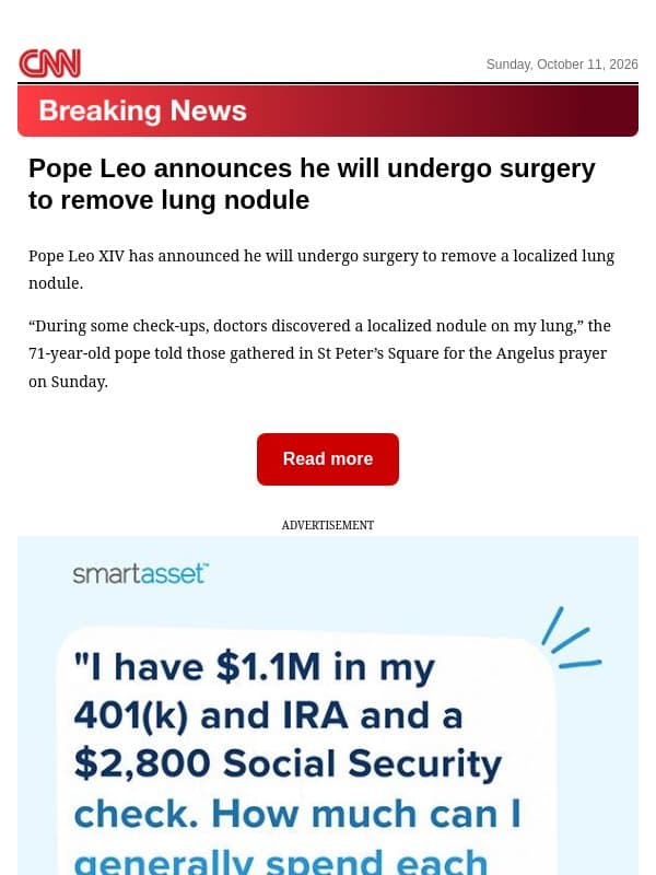 Pope Leo announces he will undergo surgery to remove lung nodule email from CNN