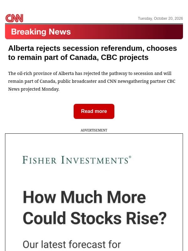 Alberta rejects secession referendum, chooses to remain part of Canada, CBC projects email from CNN