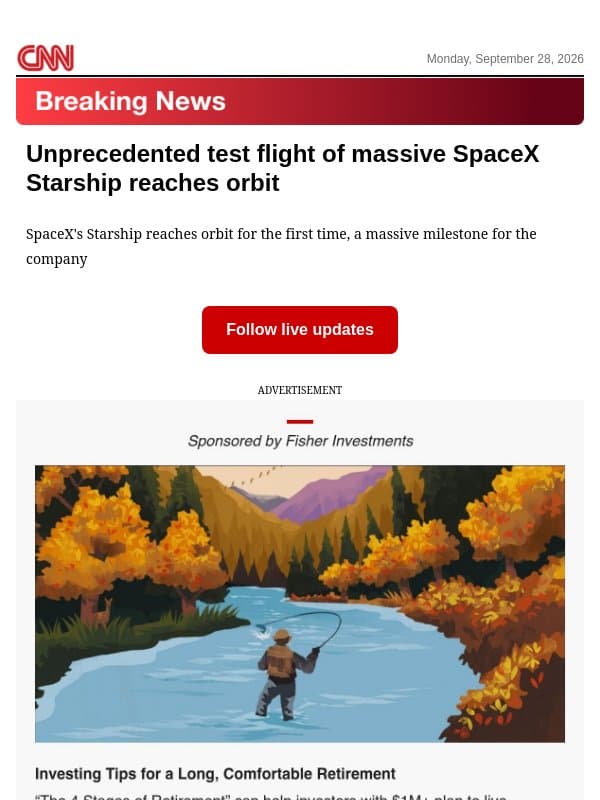 Unprecedented test flight of massive SpaceX Starship reaches orbit email from CNN