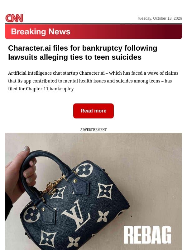 Character.ai files for bankruptcy following lawsuits alleging ties to teen suicides email from CNN