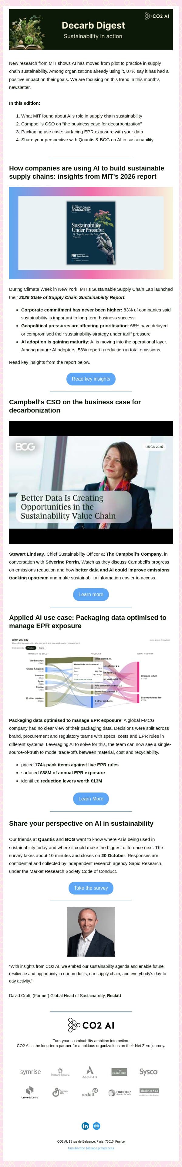 Hi there, MIT data finds AI is paying off in sustainability for 87% of adopters email from CO2 AI screenshot