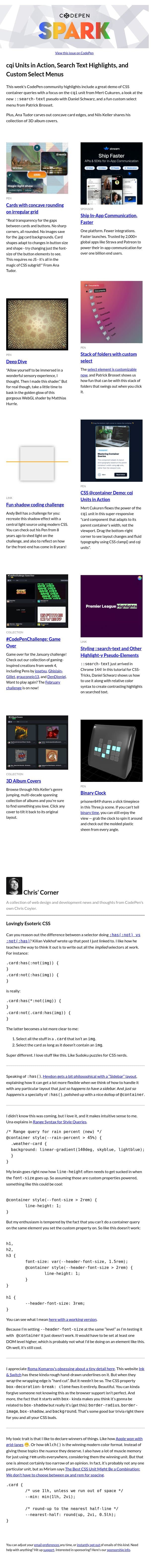 cqi Units in Action, Search Text Highlights, and Custom Select Menus email from CodePen screenshot