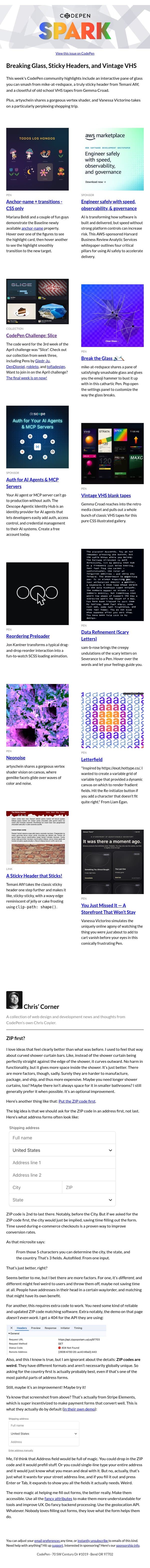 Breaking Glass, Sticky Headers, and Vintage VHS email from CodePen screenshot
