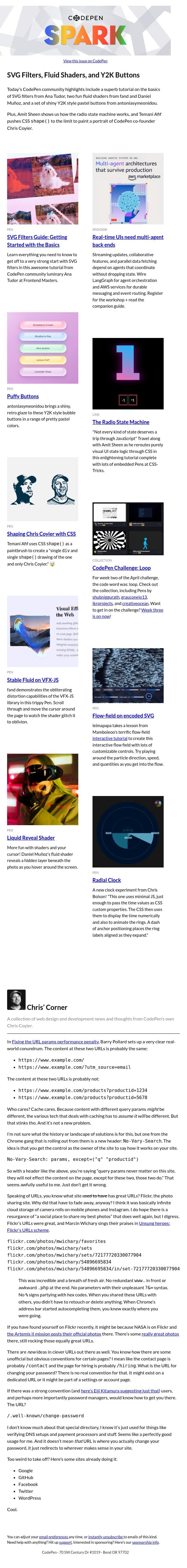 SVG Filters, Fluid Shaders, and Y2K Buttons email from CodePen screenshot