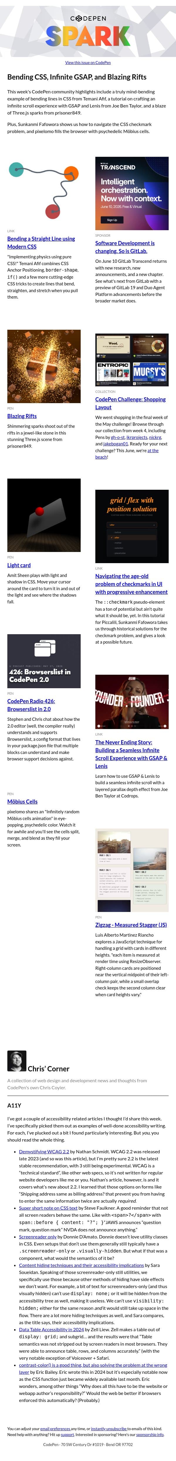 Bending CSS, Infinite GSAP, and Blazing Rifts email from CodePen screenshot