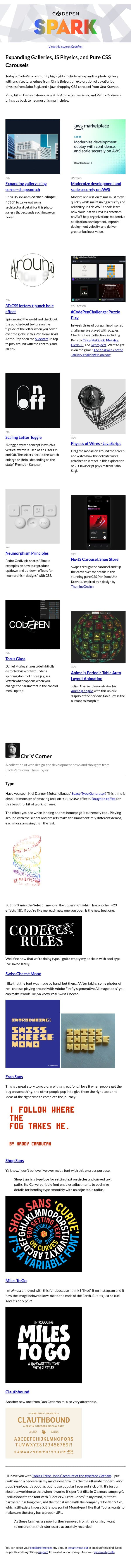 Expanding Galleries, JS Physics, and Pure CSS Carousels email from CodePen screenshot