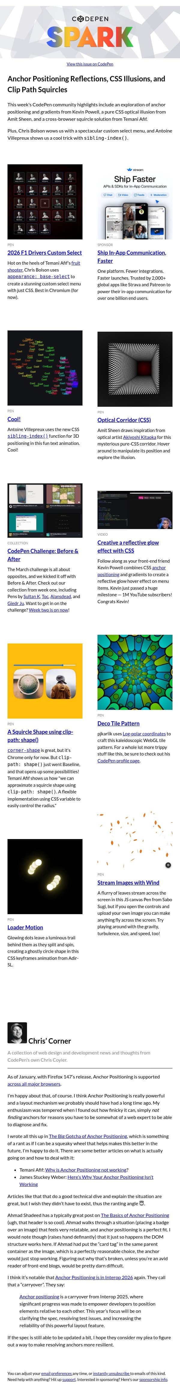 Anchor Positioning Reflections, CSS Illusions, and Clip Path Squircles email from CodePen screenshot