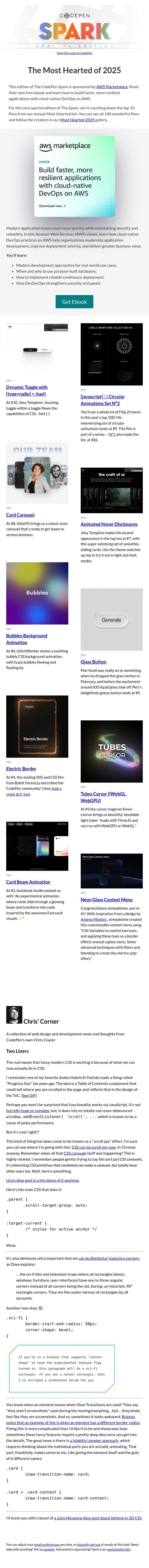 [CodePen Spark] The Most Hearted of 2025 email from CodePen screenshot
