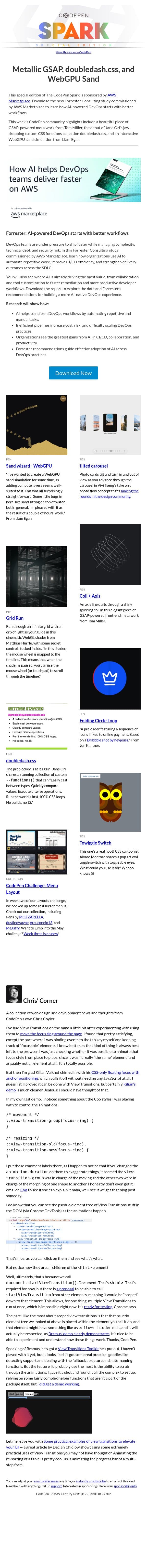 Metallic GSAP, doubledash.css, and WebGPU Sand email from CodePen screenshot