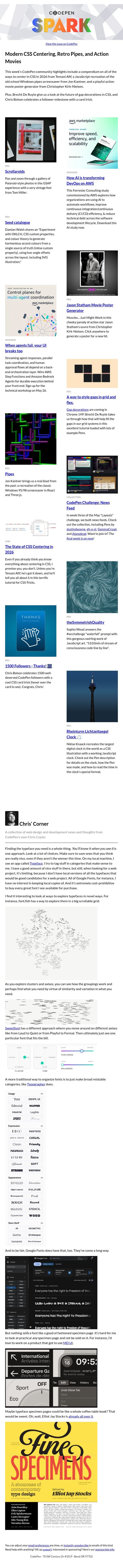 Modern CSS Centering, Retro Pipes, and Action Movies email from CodePen screenshot