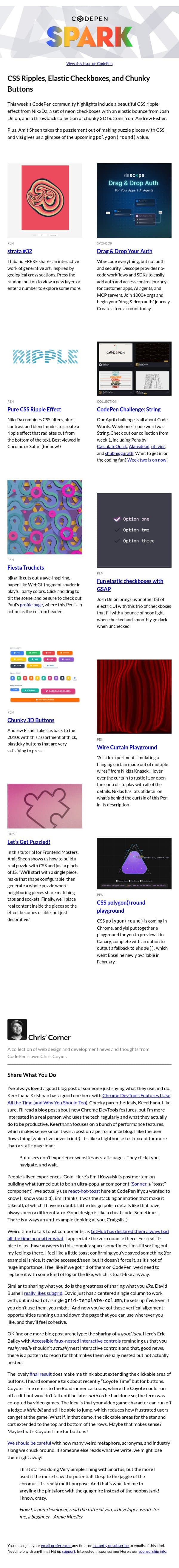 CSS Ripples, Elastic Checkboxes, and Chunky Buttons email from CodePen screenshot