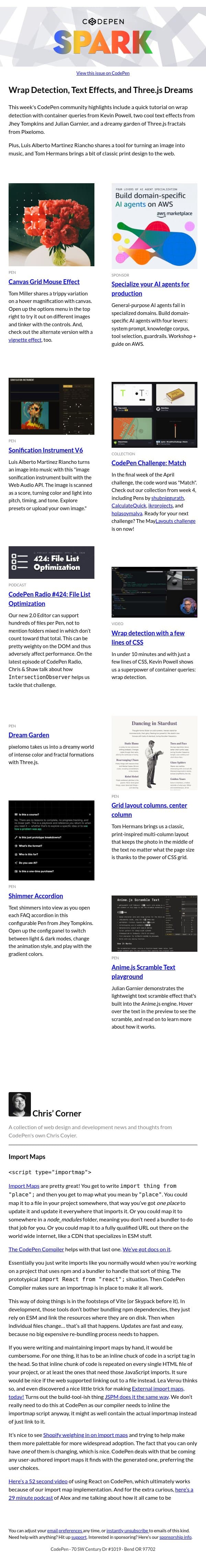 Wrap Detection, Text Effects, and Three.js Dreams email from CodePen screenshot