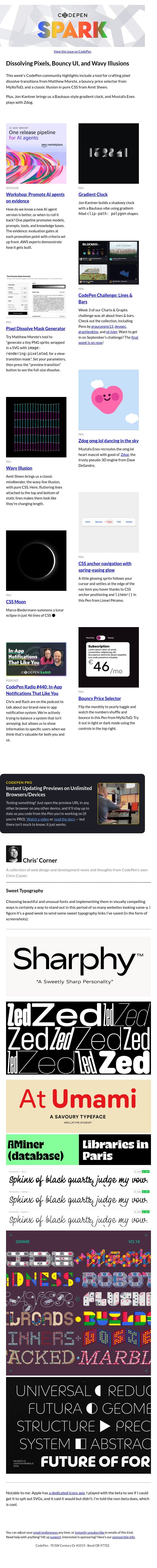 Dissolving Pixels, Bouncy UI, and Wavy Illusions email from CodePen screenshot