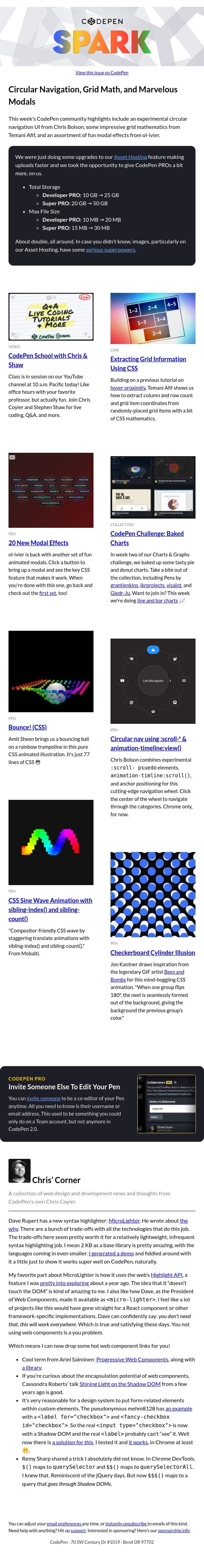 Circular Navigation, Grid Math, and Marvelous Modals email from CodePen screenshot
