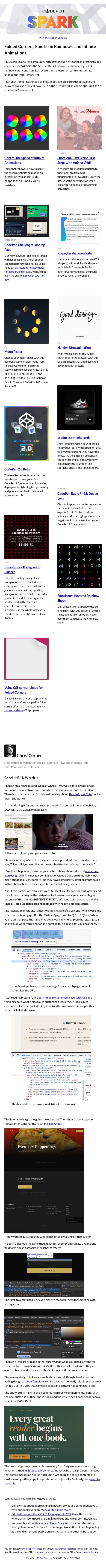 Folded Corners, Emoticon Rainbows, and Infinite Animations email from CodePen screenshot