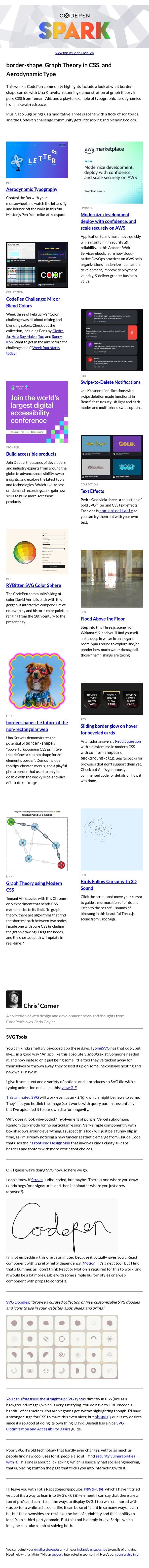 border-shape, Graph Theory in CSS, and Aerodynamic Type email from CodePen screenshot