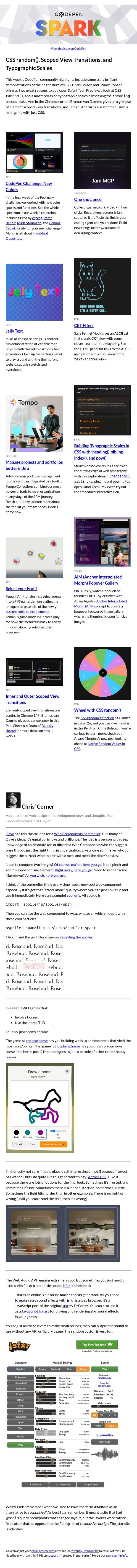 CSS random(), Scoped View Transitions, and Typographic Scales email from CodePen screenshot